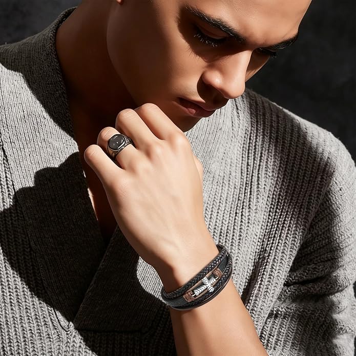 Men's Cross Leather Bracelet Vintage Christian Religious Faith Cuff Bangle Multi-Layer Braided Genuine Leather Wrap Wristband with Stainless Steel Clasp Jewelry for Women Him or Her