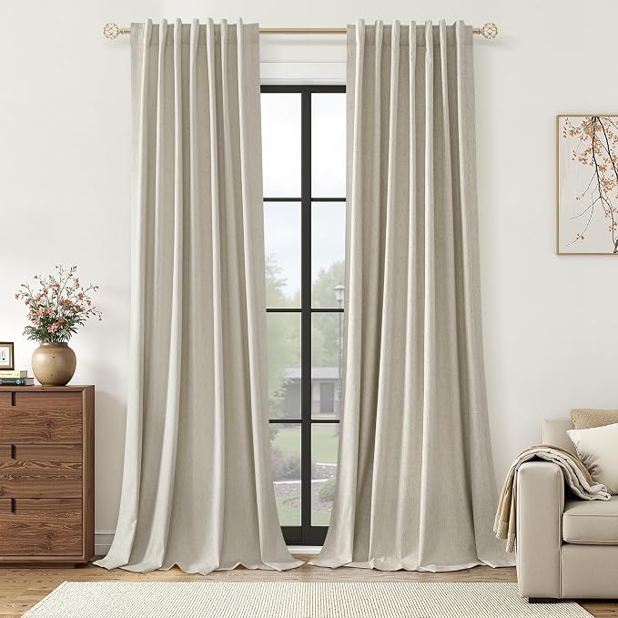 Guken 100% Blackout Linen Curtains for Bedroom 84 inches Long, Thermal Insulated Room Darkening Black Out Drapes for Living Room, Back Tab Rod Pocket 2 Panels Set,Eggshell Beige,52x84