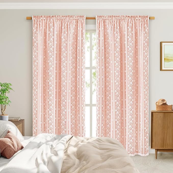 ASPMIZ Linen Curtains for Living Room Double Layers Curtains for Bedroom Farmhouse Window Curtain with Linen Lace, Light Filtering Curtain 63 Inch Length, Rod Pocket Drapes with 2 Tiebacks, Orange