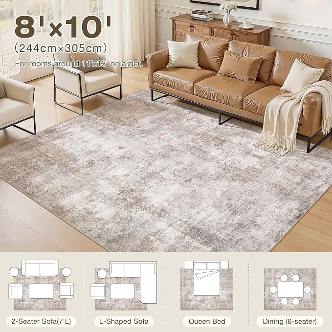 8x10 Area Rugs for Living Room, Washable Non Slip Large Area Rug | Neutral Modern Abstract Carpet, Stain Resistant Soft Low Pile, Made for Dining Room, Bedroom, Nursery, Home Office - Brown