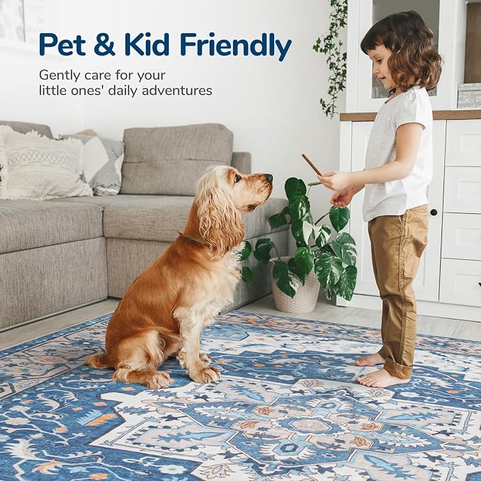 Lessymo Area Rugs 9x12 Living Room, Large Area Rug Machine Washable Area Rug for Bedroom Living Room, Vintage Rugs Boho Floral Medallion, Non-Slip Rubber, Low Pile, Kid & Pet Friendly, Blue Brown