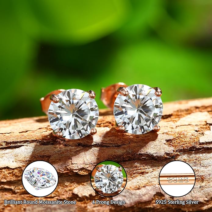 Moissanite Stud Earrings : 18K White Gold Plated Solid 925 Sterling Silver Earring Hypoallergenic Dainty Flat Back Stud Earrings Jewelry for Women Men D Color VVS1 Clarity