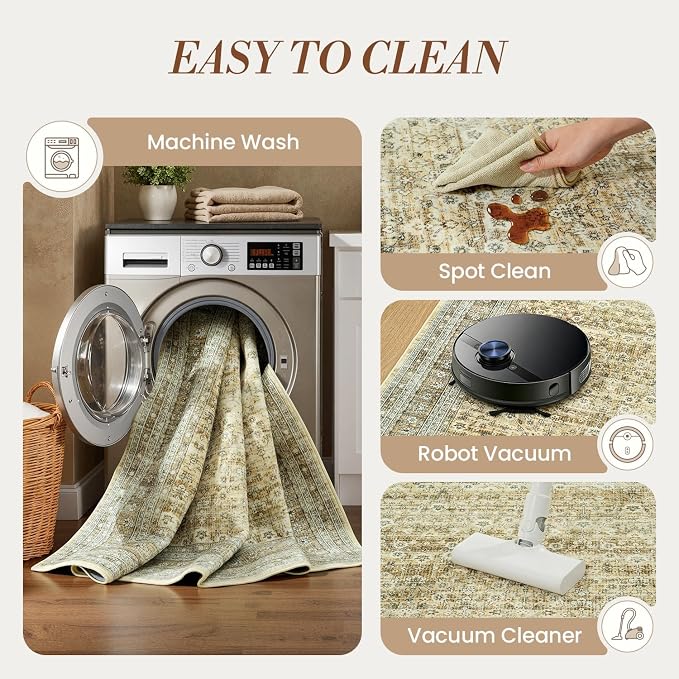 8x10 Area Rugs for Living Room Bedroom, Washable Large Rugs Non-Slip | Vintage Distressed Retro; Low Pile; Stain Resistant; Neutral Boho Carpet for Dining Room, Nursery, Home Office; Oatmeal Beige