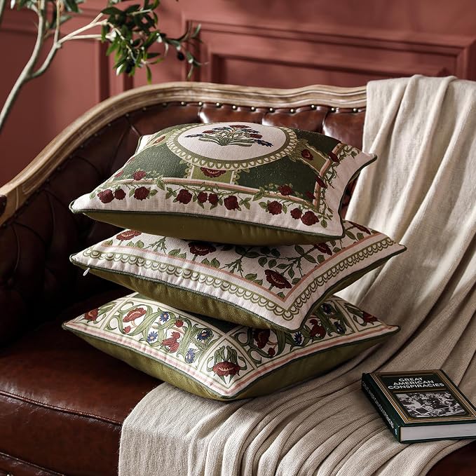 ISAENNE Designer Elegant Linen Throw Pillow Cover,Set of 4-Estonia ABCD | French Cottage Pillow Cover,Concealed Zipper,Floral Pattern,Sofas,Bedroom,Living Room,Lounge Chairs,All Season Home Decor