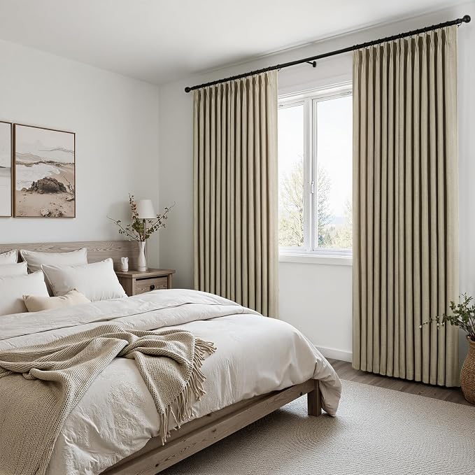 Topfinel Grey Beige Pinch Pleated Linen Curtains 84 Inch Length 2 Panels for Bedroom Living Room Textured Semi Sheer Window Curtain Boho Neutral Back Tab Pinch Pleat Drape with Hooks 84 Inches Long