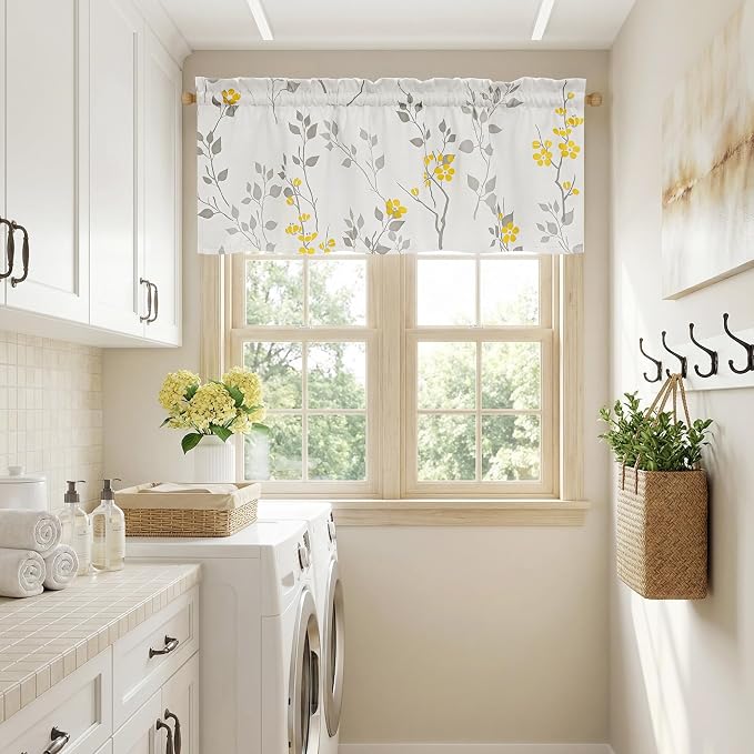 Beauoop Floral Valance Curtains for Kitchen Yellow Grey 52X18 Inch 1 Panel | Flower Patterned Yellow White Blackout Short Curtains for Living Room Bedroom Cafe Thermal Small Window Curtains Rod Pocket