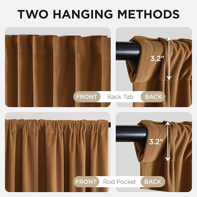 Joydeco 100% Blackout Velvet Curtains Golden Brown 120 Inch Back Tab | Luxury Thermal Insulated Velvet Curtains for Bedroom Living Room, Soundproof Blackout Window Drapes