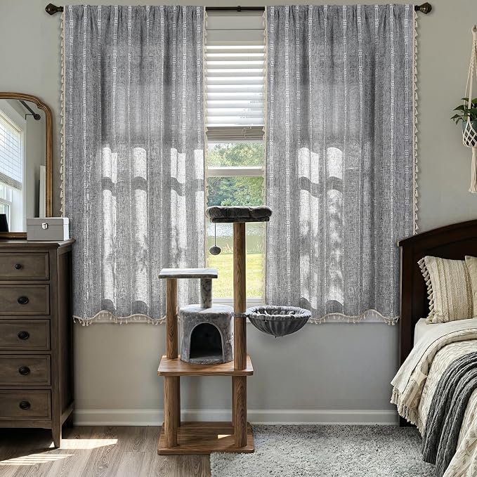 ColorBird Boho Curtains for Bedroom Living Room Linen-Textured Grey 63 Inch Length Farmhouse Light Filtering Neutral Embroidered Striped Linen Drapes 2 Panels Window Treatment