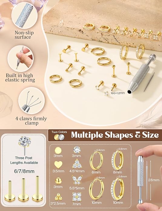 ORAZIO 16G/18G/20G Flat Back Earrings for Women Threadless 316L Surgical Steel Stud Hoop Earrings Push in Nose Studs Hypoallergenic Cartilage Earring Stacks Labret Helix Tragus Conch Piercing Jewelry