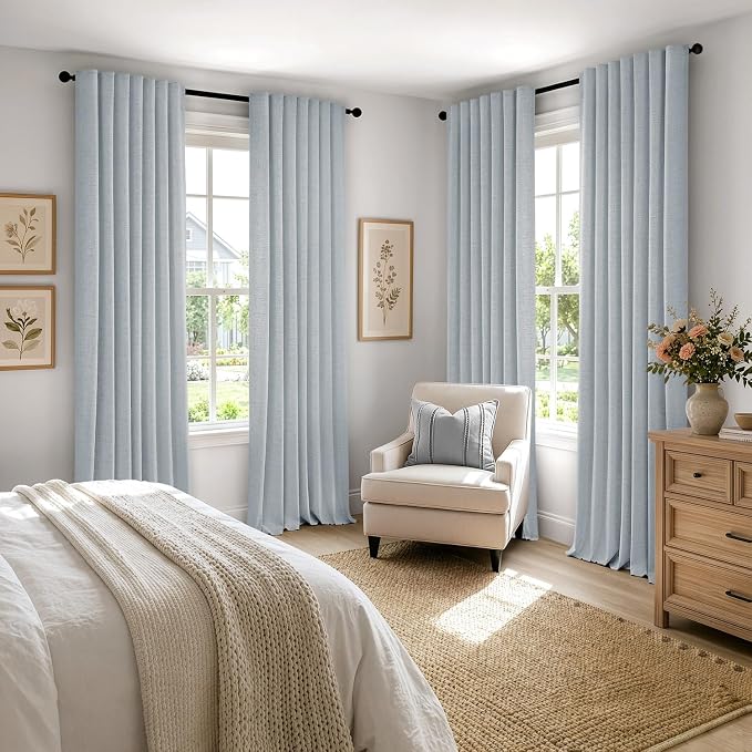 MIULEE 100% Blackout Linen Curtains 42 x 72 Inch Chambray Blue 2 Panels | Thermal Insulated, Room Darkening Drapes for Bedroom Living Room, Back Tab Rod Pocket Pinch Pleated, Solid Luxury Decor