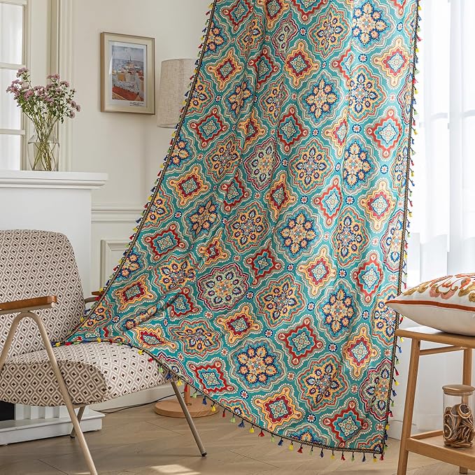 Turquoise Blue Boho Curtains 102 Inches Long, Colorful Medallion Farmhouse Light Filtering Rod Pocket Drapes with Tassel Trim for Bedroom Living Room, 2 Panels