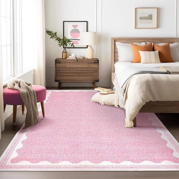 6x9 Scalloped Area Rugs Pink Washable Living Room Bedroom Rug | Solid Tan Rug for Bedroom Girls, Non Slip Throw Carpet With Rubber Back, Soft Dorm Nursery Scalloped Rugs for Dining Room