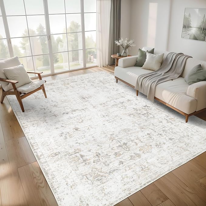 Washable 9×12 Area Rug for Living Room, Vintage Floral Rug Soft Non Slip Stain Resistant Boho Carpet for Bedroom Dinning Room Home Office Beige New