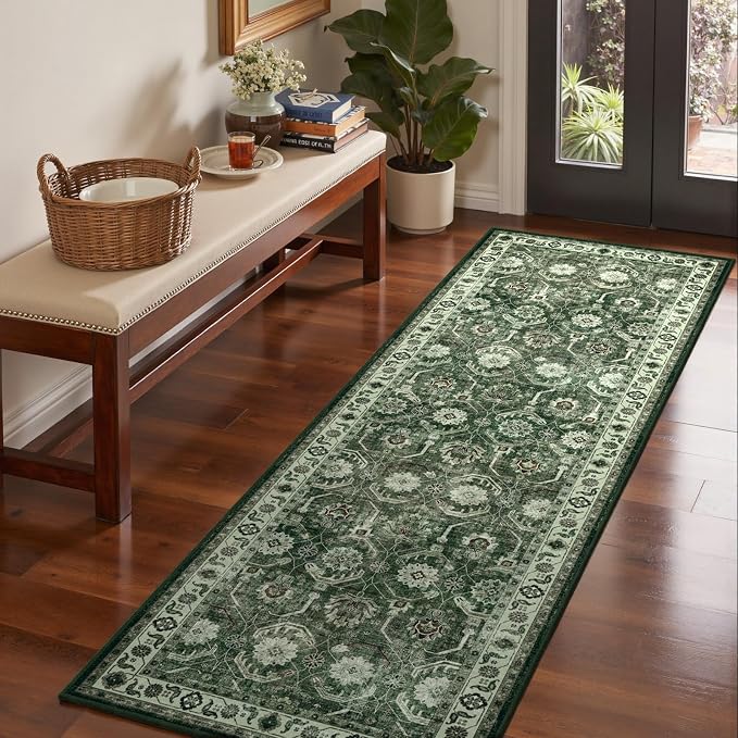 Runner Rug 2x10, Washable Non Slip Low Pile Kitchen Runner, Soft Boho Modern Rug for Hallways, Bedroom, Sage Green