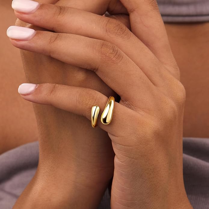 Non Tarnish Gold Chunky Rings for Women, 14K Gold Plated Statement Dome Rings Stacking Silver, Adjustable Mens Eternity Wedding Band Mixed Metal Jewelry Size 3-13