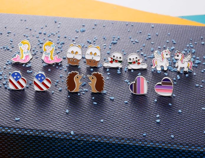 33 Pairs Stainless Steel Cartoon Earrings for Girls - Hypoallergenic Colorful Stud Earing Set, Mix & Match Cute Earring for Teens, Kids, Doll Dressup Accessories