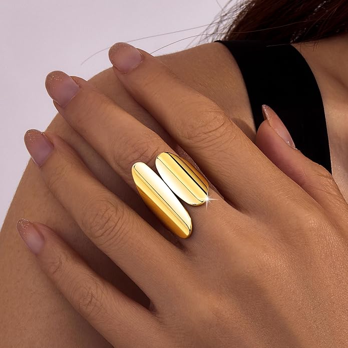 Gelbesty Waterproof Gold Statement Rings for Women, 14K Gold Plated Chunky Open Stackable Rings Non Tarnish Fashion Adjustable Stainless Steel Pinky Knuckle Signet Vintage Ring Jewelry Size 5-11