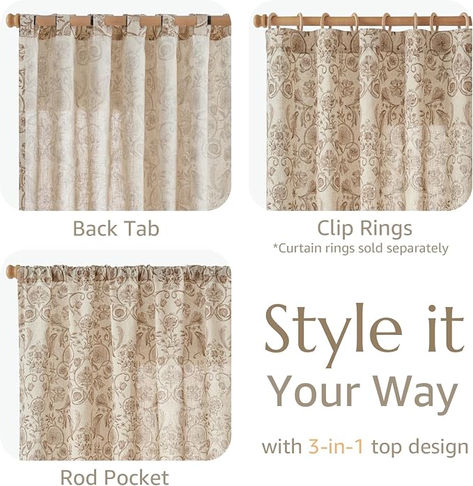 jinchan Linen Floral Curtains for Living Room with Printed Flower 90 Inches Long Light Filtering Farmhouse Window Treatment Vintage Drapes Back Tab Rod Pocket 2 Panels Taupe on Beige