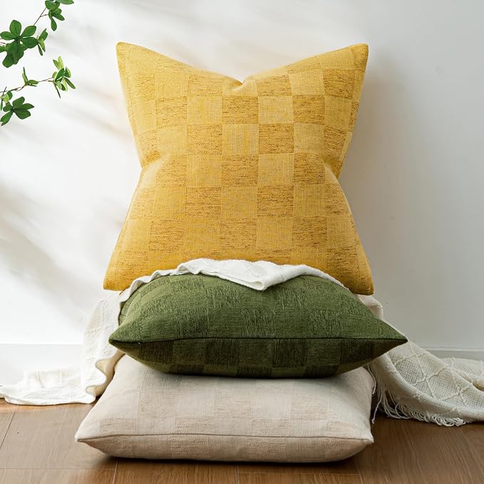 a moment Set of 2 Decorative Linen Throw Pillow Covers,Large Grid Textured Neutral Boho Farmhouse Cushion Covers,Soft Aesthetic Pillowcases for Couch Sofa Living Room Home Decor,22x22 Inch,Yellow