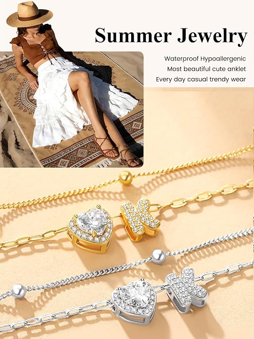 Bestyle Initial Anklet Bracelets for Women Waterproof Non Tarnish 14K Gold/White Gold Plated CZ Anklets for Women Dainty Layered Letter Heart Ankle Bracelets Adjustable Foot Chain Anklet