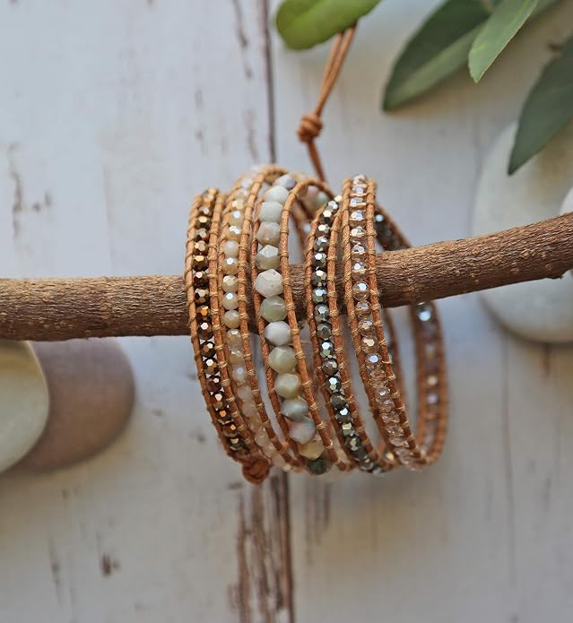 MGR MY GEMS ROCK! 35-Inch Long Multi-Layer Hand Crafted Gemstone and Crystal Multi-Stone Beaded on Genuine Leather Boho Style Stackable Super Wrap Bracelet, up to 5 Wraps.