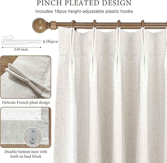 IVAPUPU Natural Pinch Pleated Full Blackout Curtains Linen Blend Room Darkening Window Curtains 1 Panel for Living Room Bedroom Thermal Insulated Curtain Drapes with 12 Pcs Hooks 60''Wx108''L