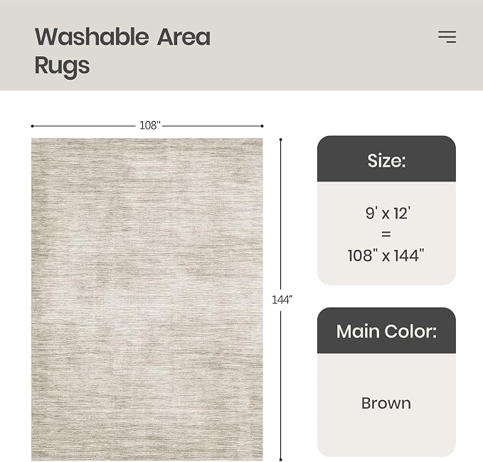 Valenrug Washable Rugs 9x12 - Non Slip 9x12 Area Rugs for Living Room, Stain Resistant Area Rugs for Bedroom, Foldable Machine Washable Area Rug(9'x12', Brown)