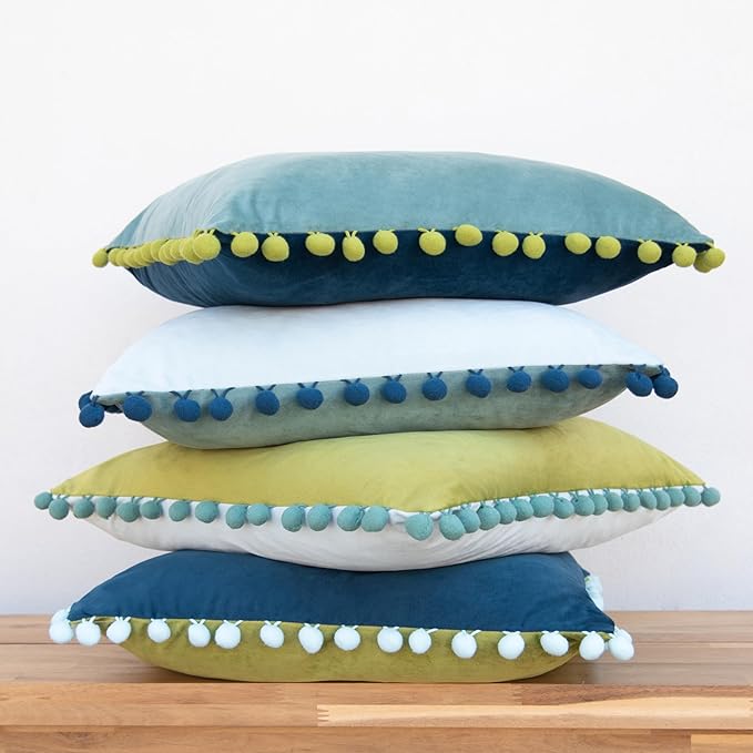 MONDAY MOOSE Decorative Throw Pillow Covers Cushion Cases, Set of 4 Soft Velvet Pom Poms Double-Sided Designs, Mix and Match for Home Decor, Pillow Inserts Not Included (20x20 inch, Green/Blue)