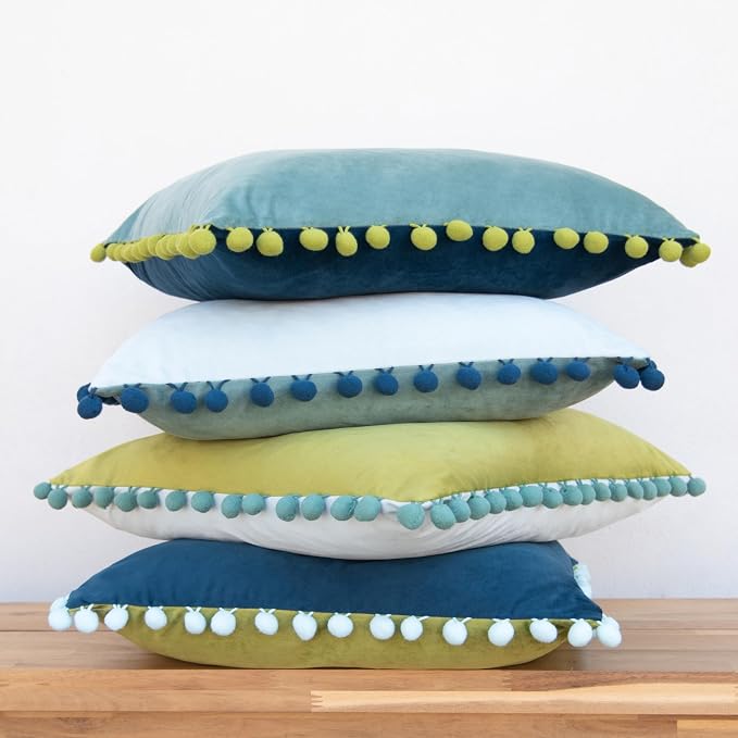MONDAY MOOSE Decorative Throw Pillow Covers Cushion Cases, Set of 4 Soft Velvet Pom Poms Double-Sided Designs, Mix and Match for Home Decor, Pillow Inserts Not Included (18x18 inch, Green/Blue)