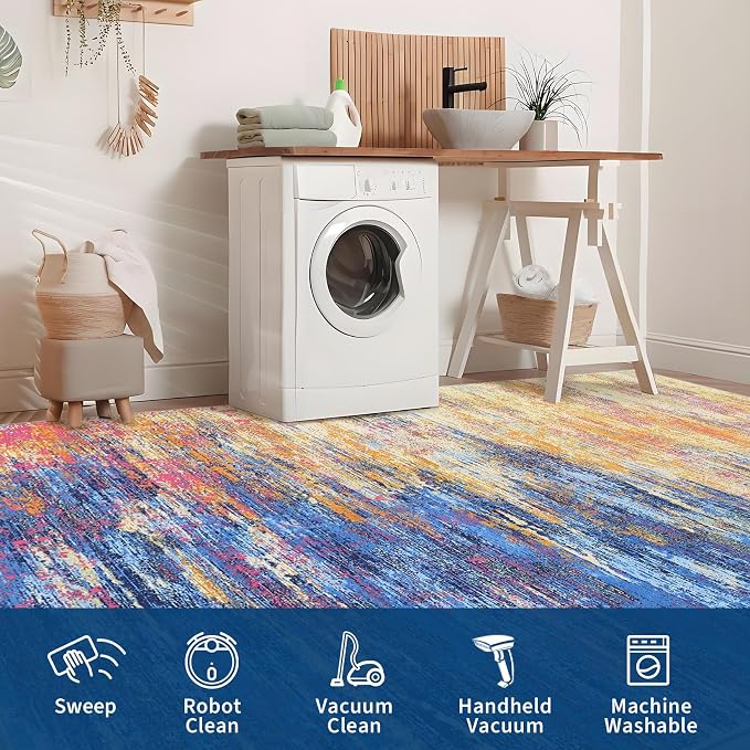 ROYHOME Modern Abstract Living Room Rug 10x13, Machine Washable Large Carpet, Non Slip Low Pile Throw Rug, Ultra Soft Indoor Floor Carpet for Bedroom Dining Room Table Home Decor, Blue/Orange