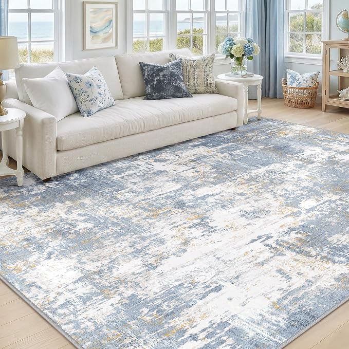 RELEANY Washable Area Rugs 8'x10' Non-Slip Modern Abstract Soft for Living Room Entryway Bedroom Kitchen, Print Pattern, Light Blue