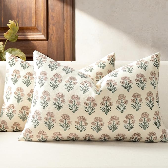 Farmhouse Floral Pillow Covers 12x20 Set of 2, Country Botanical Throw Pillow Cover for Sofa Couch Bed Living Room, Rustic Vintage Flower Cushion Covers Cottage Home Décor,Blush Sage