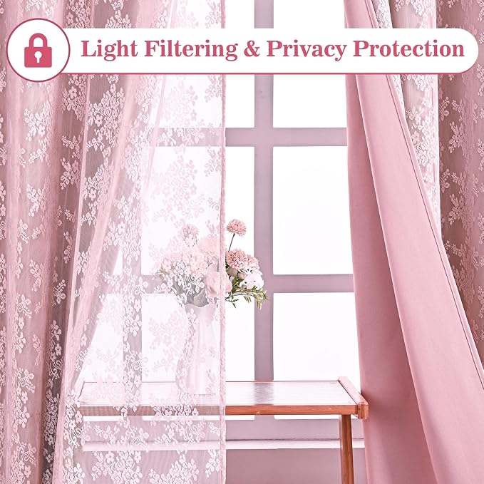 Yinhua Pink Kitchen Curtains 36 Inch Length Double Layer Blackout Curtains for Kitchen Rod Pocket Short Curtain for Windows, Small Window Curtain for Bathroom, Living Room, 2 Panels