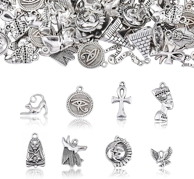 DanLingJewelry 100 pcs 10 Styles Egyptian Theme Antique Sliver Charms Pharaoh Pyramid Ankh Cross Evil Eye Snake Charms for Jewelry Making