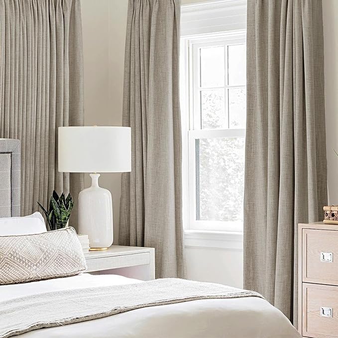 MIULEE 100% Blackout Linen Textured Curtains for Bedroom Solid Thermal Insulated Pebble Taupe Grommet Room Darkening Curtains & Drapes Luxury Decor for Living Room 52 x 108 Inch (2 Panels)