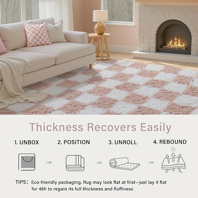 PureCozy Checkered Rug 5x7 for Living Room, Pink and White Modern Shag Rugs Super Soft Washable Indoor Office Fuzzy Carpet Non-Slip Fluffy Rugs for Bedroom Home Aesthetic Decor