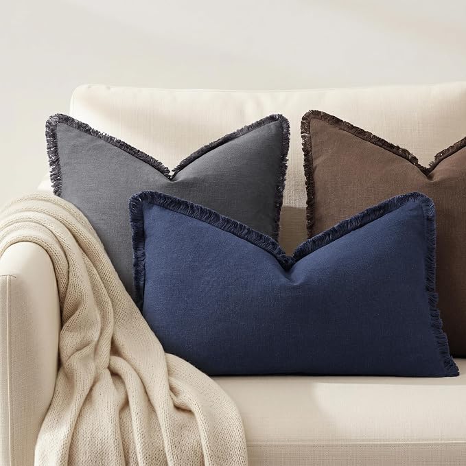 decorUhome Linen Fringe Navy Blue Throw Pillow Covers 12x20 Set of 2 | Decorative Soft Accent Modern Boho Farmhouse Lumbar Cushion Covers with Tassels Cotton Pillow Covers for Couch Bed Sofa