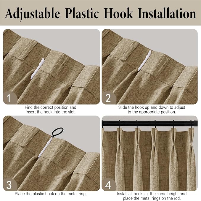 MIULEE Pinch Pleated Thick Linen Curtains 90 Inch 4 Panels Set Back Tab Memory Trained Pinch Pleat Semi Sheer Light Filtering Privacy Let Light in Window Drapes for Living Room Bedroom Copper Brown