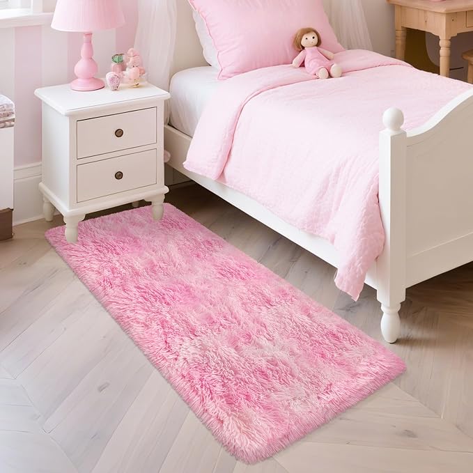 Soft Plush Pink Fluffy Rug 2x5 Ft, Fuzzy Shag Runner Carpet for Girls Bedroom, Bedside, Living Room, Hallway, Kids Room, Nursery, Kawaii Home Decor