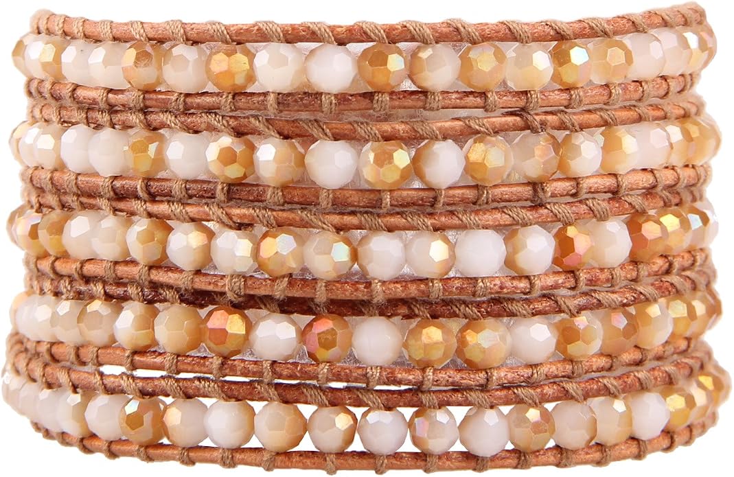 KELITCH Pearl Crystal Beads Bracelets Handmade Natural Leather 5 Wrap Bracelet for Women Classic Bangle Jewelry