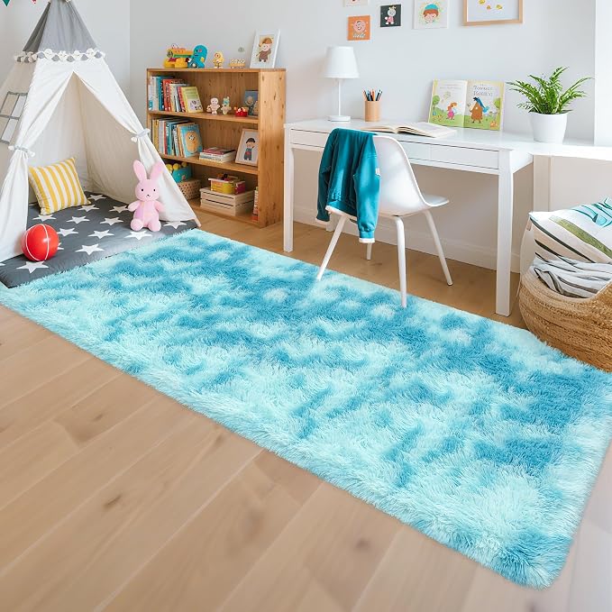 Light Blue Fluffy Rug for Bedroom Living Room, 3x10 ft Soft Sky Blue Bedroom Runner Rug for Bedside Kids Boys Room Hallway, Washable Fuzzy Kids Rugs Plush Shag Carpet for Nursery Dorm