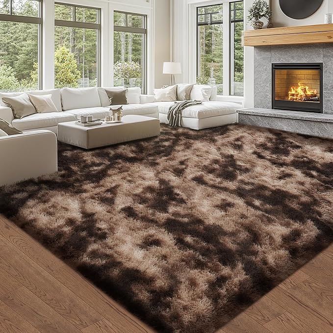Topmaxcs Area Rug 10x14 Living Room - Tie-Dyed Brown Large Shag Area Rug | Unique Tie-Dyed Pattern - Rich Brown Tones - Soft Plush Pile - Elevates Any Room's Style