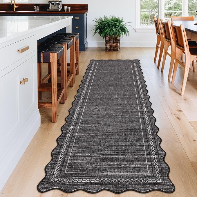 GarveeHome Scalloped Washable Runner Rug 2x8 Entry Rug Non Slip, Black | Kitchen Rugs Runner Farmhouse Black Low Pile Hallway Rugs Stain Resistant Carpet for Bathroom Laundry Room