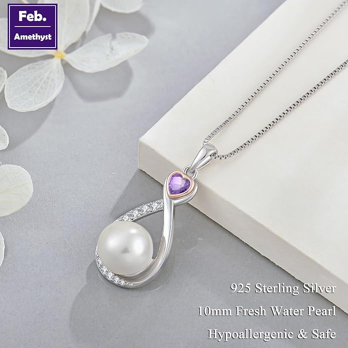 Heart Birthstone Pearl Pendant Necklace, 925 Sterling Silver Infinity Necklace with 10mm Freshwater Cultured Pearl & 4mm Gemstone Jewelry for Women