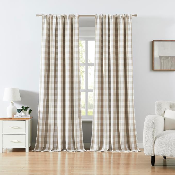 84 Inches Beige White Buffalo Plaid Full Blackout Window Panels | Thermal Insulated Double-Layer Window Treatment,Farmhouse Living Room Nursery Curtains,Rod Pocket Back Tabs,52"Wx84"Lx2