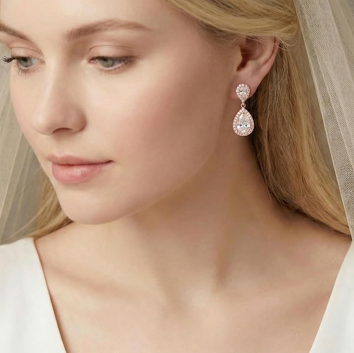 Mariell Cubic Zirconia Crystal Teardrop Dangle Bridal and Wedding Earrings, CZ Jewelry for Brides, Bridesmaids, Homecoming, Prom and Dressy Everyday Wear