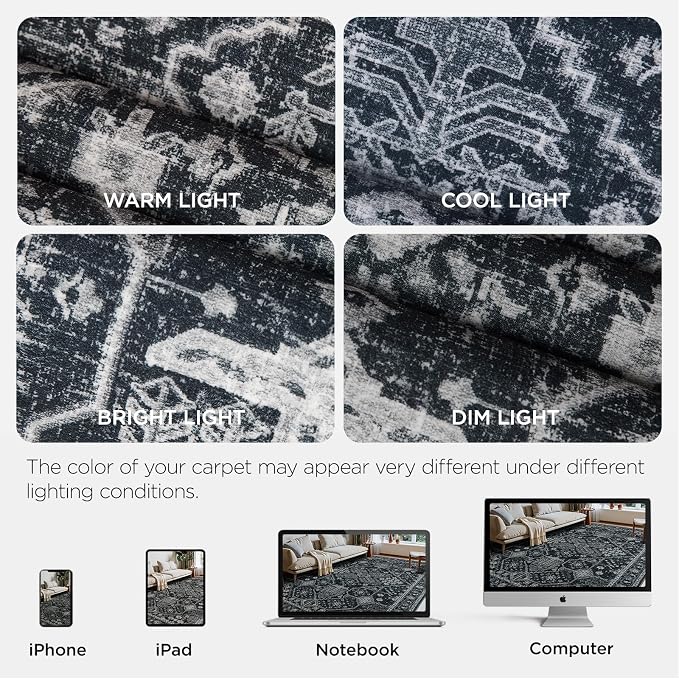 Joydeco 8x10 Area Rugs for Living Room, Non Slip Machine Washable Vintage Rug, Low Pile Thin Chenille Print Rugs for Bedroom, Dining Room, Pet & Child Friendly, Home Office, Dark Gray&Light Gray&Black