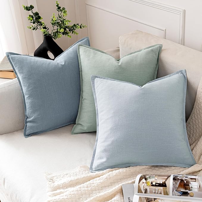 MIULEE Decorative Linen Pillow Covers 18x18 Inch Light Blue | Boho Farmhouse Neutral Couch Throw Pillows for Bed, Pack of 2 Accent Coastal Modern Pillowcases, Sofa Livingroom Home Decor