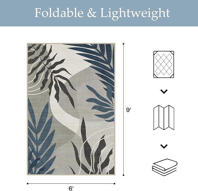 GENIMO 6x9 Outdoor Rug, Washable for Patio and Deck, Navy Grey | Botanical leaf design for dining area; fade resistant chenille with quick-dry non-slip backing for indoor sunroom.