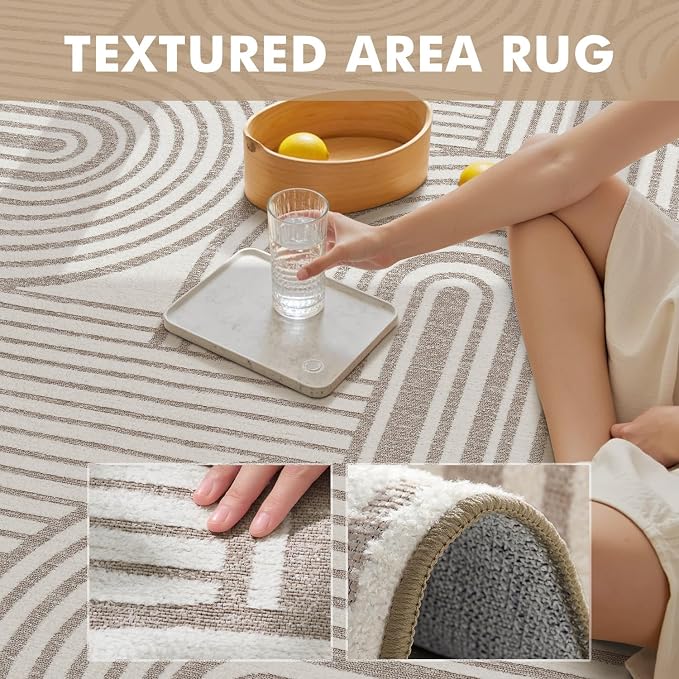 Beige Neutral 8x10 Area Rugs Textured Tufted Rugs for Living Room Bedroom Rug-Carpet Cream Ivory Washable Geometric Moroccan Modern Rug